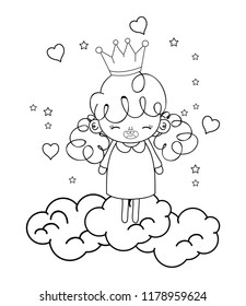 outline happy girl with crown in the clouds and hearts