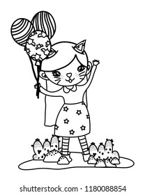 outline happy girl with kitten costume and balloons