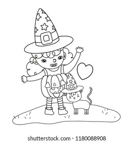 outline happy girl with pumpkin costume and cat