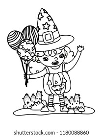 outline happy gril with pumpkin costume and balloons