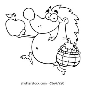 Outline Happy Hedgehog Runs With Apple