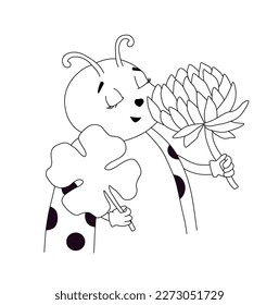 Outline of happy ladybug with clover leaf sniffs clover flower. Vector illustration on a white background