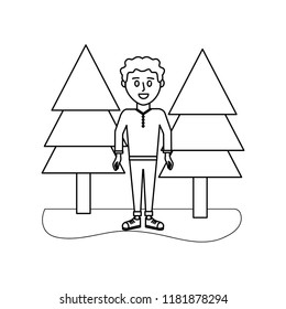 outline happy man wearing glasses and pine trees