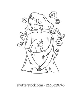 Outline happy mother hugging her daughter hand drawn illustration in doodle style. Black and white cartoon characters isolated on white background.