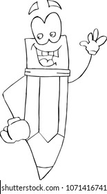Outline of a happy pencil character, smiling and greeting with its hand up - Vector
