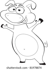 Outline Of A happy smiling dancing pig for coloring