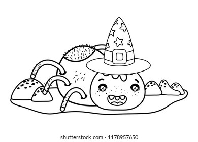 outline happy spider character with witch hat