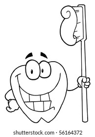 Outline Happy Tooth With Toothbrush
