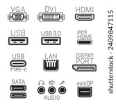 Outline hardware interface icons sign set. Collection of VGA DVI USB Display PORT SATA audio connector symbol. Computer socket data ports