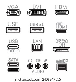 Outline hardware interface icons sign set. Collection of VGA DVI USB Display PORT SATA audio connector symbol. Computer socket data ports