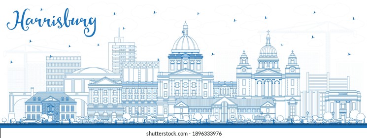 Outline Harrisburg Pennsylvania City Skyline with Blue Buildings. Vector Illustration. Harrisburg USA Cityscape with Landmarks. Business Travel and Tourism Concept with Modern Architecture.