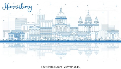 Esbozo del horizonte de la ciudad de Harrisburg Pennsylvania con edificios azules y reflexiones. Ilustración vectorial. Paisaje urbano de Harrisburg USA con puntos de referencia. Concepto de viajes y turismo con arquitectura moderna.