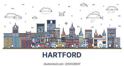 Outline Hartford Connecticut city skyline with colored modern and historic buildings isolated on white. Vector illustration. Hartford USA cityscape with landmarks.