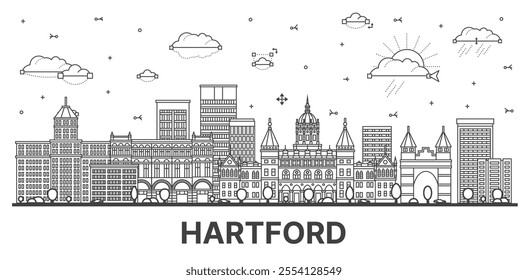 Outline Hartford Connecticut city skyline with modern and historic buildings isolated on white. Vector illustration. Hartford USA cityscape with landmarks.