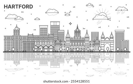 Outline Hartford Connecticut city skyline with modern and historic buildings isolated on white. Vector illustration. Hartford USA cityscape with landmarks and reflections.