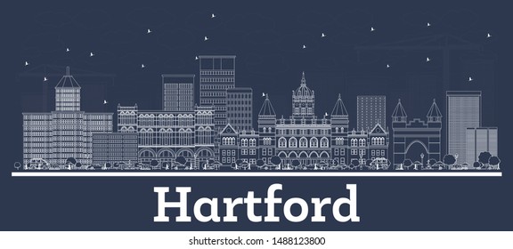 Outline Hartford Connecticut USA City Skyline with White Buildings. Vector Illustration. Business Travel and Concept with Historic Architecture. Hartford Cityscape with Landmarks. 