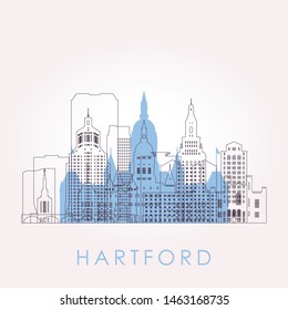 Outline Hartford skyline with landmarks. Vector illustration. Business travel and tourism concept with historic buildings. Image for presentation, banner, placard and web site.