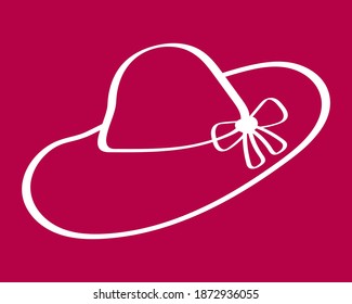 Outline hat with a bow isolated on a pink background. Vector illustration