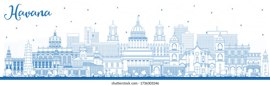 Outline Havana Cuba City Skyline with Blue Buildings. Vector Illustration. Business Travel and Tourism Concept with Historic and Modern Architecture. Havana Cityscape with Landmarks.