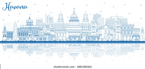 Outline Havana Cuba City Skyline with Blue Buildings and Reflections. Vector Illustration. Business Travel and Tourism Concept with Historic and Modern Architecture. Havana Cityscape with Landmarks.