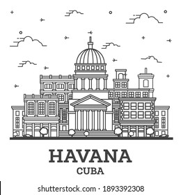Outline Havana Cuba City Skyline with Historic Buildings Isolated on White. Vector Illustration. Havana Cityscape with Landmarks.