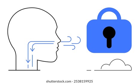 Outline of a head with arrows indicating airflow next to a blue padlock. Ideal for health safety, digital security, online privacy, respiratory protection, and cloud data protection. Minimalist