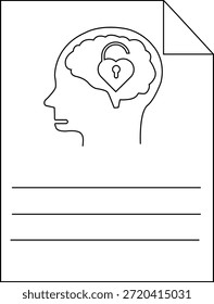 Esquema de la cabeza del cerebro que contiene una cerradura en forma de corazón con tres líneas Horizontales en la parte inferior y una esquina rizada