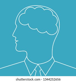 Outline head businessman with brain. Profile businessman on blue green background. Vector illustration