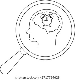 Esquema de la cabeza con el cerebro del reloj bajo lupa