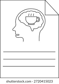Contorno de uma cabeça com uma xícara de café dentro do cérebro em papel Três linhas abaixo