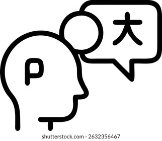 An outline of a head with the letter p and a speech bubble containing the chinese character for large, set against a white backdrop. It's simple and modern.