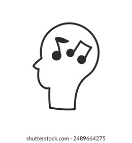 Outline Head with Musical Notes Symbols. Hand drawn Sound and Music Icon in doodle line style. Listen to audio sign.  Isolated vector illustration