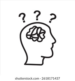 Outline of a head with a tangled brain and question marks, symbolizing confusion or overthinking