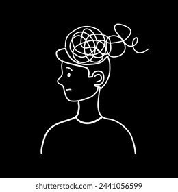 Outline of a head with tangled lines inside, resembling a brain. Depicting tangled thoughts, confusion, and mental health struggles. Vector illustration.
