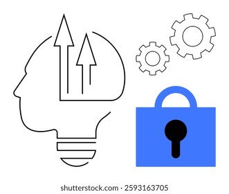 Outline of a head with upward arrows, blue padlock, and gears. Ideal for innovation, security, technology, thinking, progress. Simple line art style