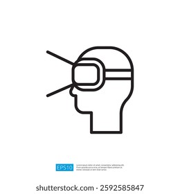 An outline of a head wearing virtual reality goggles, with lines indicating a visual experience.