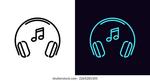Outline headphones icon, with editable stroke. Headset frame with music note sign, listen sound podcast. Dj and gamer headphones, musical track, dance mix, radio show. Vector icon for Animation