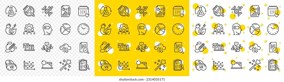 Outline Healthcare calendar, Teamwork and Recovery laptop line icons pack for web with Vr, Online survey, Report document line icon. Chemistry dna, Cloud sync, Brush pictogram icon. Vector