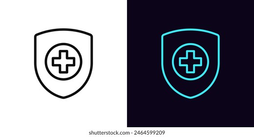 Outline healthcare shield icon, with editable stroke. Protection shield with medical cross. Secure medicine insurance, safe medical service and health aid, checked drugs and medicaments. Vector icon