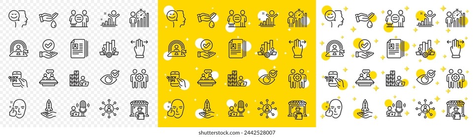 Outline Healthy face, Check eye and Networking line icons pack for web with Equality, Lgbt, Education line icon. Wash hands, Winner, Approved checkbox pictogram icon. Teamwork chart. Vector