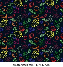 Outline healthy food seamless pattern - vegetables, fruits, berries. Vegetarian food. Design element