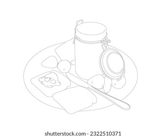 Esbozo de comida saludable por la mañana y de desayunos con las líneas de contorno sobre fondo blanco - tostadas, fresa. Ilustración vectorial.