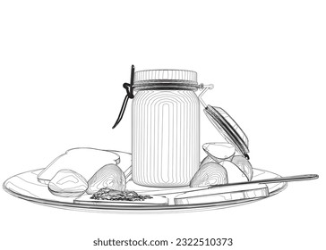 Outline healthy morning food and breakfast meals hand drawn with contour lines on white background - toasts, strawberry. Vector illustration..