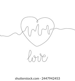 Outline heart with heart beat vector one line continuous drawing illustration. Hand drawn linear silhouette icon. Minimal outline design element for print, banner, card, brochure, logo.