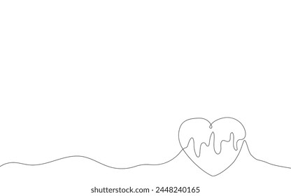 Outline heart with heart beat vector one line continuous drawing illustration, minimalistic background. Hand drawn linear silhouette background