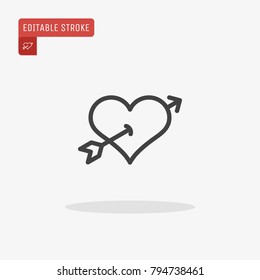 Outline heart with Cupid arrow icon isolated on grey background. Line love pictogram. Amour sign. Valentines day symbol for website design, logo, ui. Editable stroke. Vector illustration. Eps10.