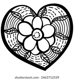Outline heart with fantasy patterns, coloring page with a large flower vector illustration