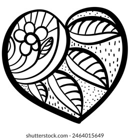 Outline heart with fantasy patterns, coloring page with a flower and a row of leaves vector illustration