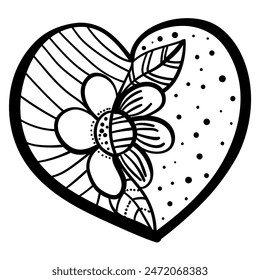 Outline heart with fantasy patterns, coloring page with a flower and two backgrounds striped and spotted vector illustration