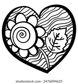 Umriss Herz mit Fantasiemustern, Malseite mit einer Sonnenblume mit einer spiralförmigen mittleren Vektorillustration
